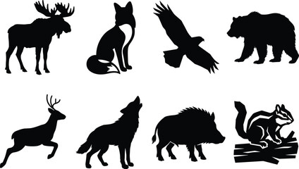 Obraz premium Wild forest animals silhouette vector set featuring moose, fox, flying eagle, grizzly bear, deer, and howling wolf for nature branding