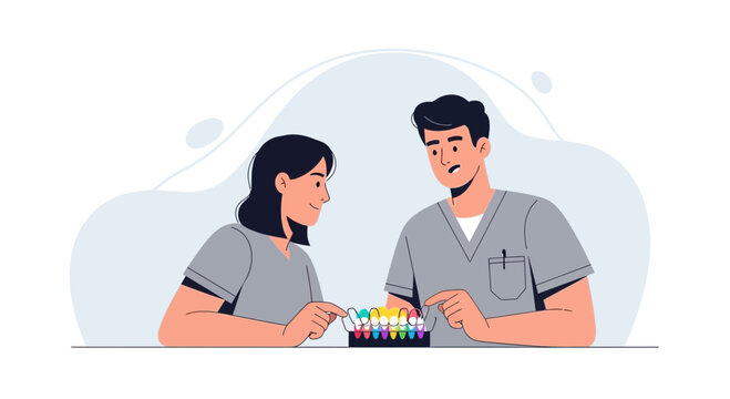 Dentists Discussing Tooth Color Options with Patient Using Shade Guide