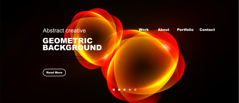 Dark background features vibrant orange geometric shapes. Text elements include title, menu, button. Modern design for website or presentation.