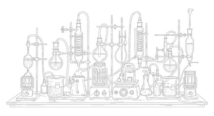 Obraz premium Highly detailed line art illustration of a complex chemistry laboratory setup with glassware and scientific apparatus