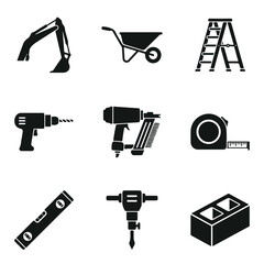 Fototapeta premium A collection of nine black silhouette icons representing various construction tools and equipment, such as a drill, ladder, and jackhammer.