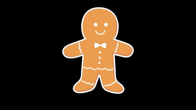 Seamless looping animation of a bouncing brown gingerbread man cookie for Christmas holiday food concepts. Flat style sticker design element isolated on transparent alpha channel background