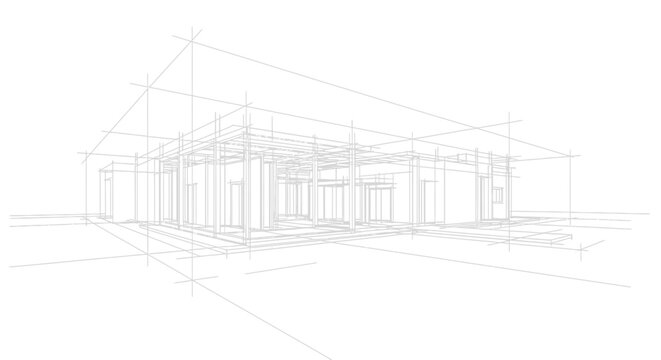 Detailed Architectural Wireframe Sketch of a Modern Building Complex with Geometric Structures and Technical Lines