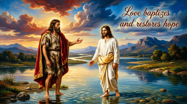 Discover stunning biblical art of John the Baptist baptizing Jesus Christ in River Jordan.