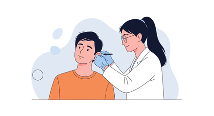 Fototapeta premium Doctor examines patient's ear with instrument in minimalist vector illustration