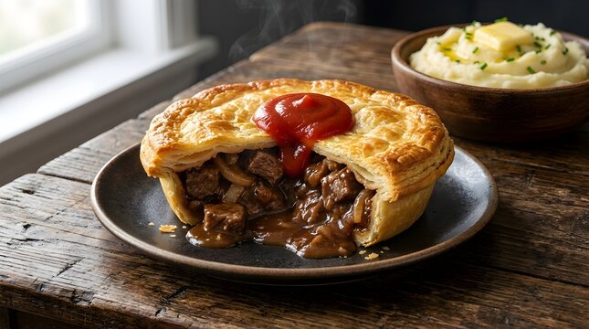 Traditional Australian beef meat pie with gravy, tomato ketchup, and mashed potatoes on a rustic table