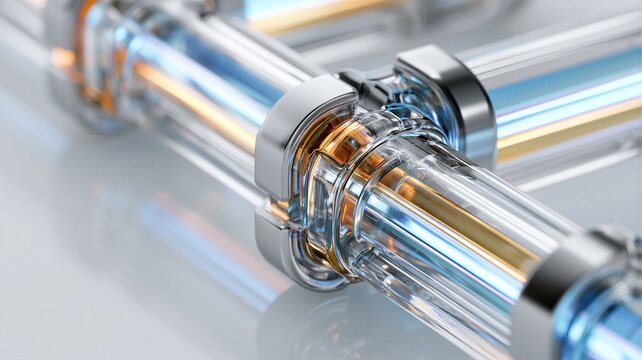 Futuristic transparent pipelines with glowing blue and gold fluid abstract technology background