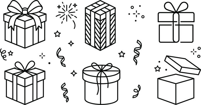 Gift box line icon set with birthday presents celebration confetti fireworks surprise ribbon bow packages outline vector graphic.