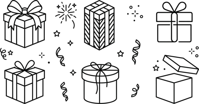 Gift box line icon set with birthday presents celebration confetti fireworks surprise ribbon bow packages outline vector graphic.