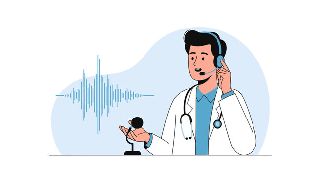 Doctor with Headset and Microphone, Representing Telemedicine and Online Medical Consultation with Soundwaves