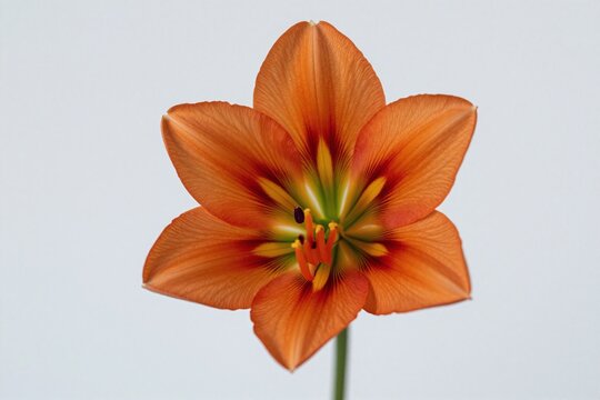 A single orange flower with a green center on a stem