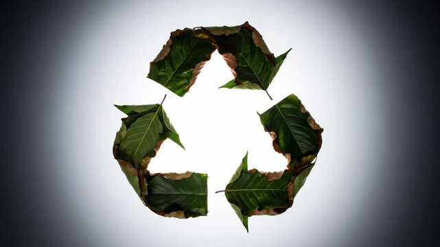Green recycling symbol made from natural leaves, signifying environmental protection and sustainability, eco friendly concept