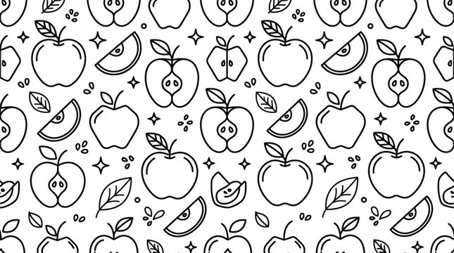 Apple seamless pattern vector background line art illustration with whole fruits half slices seeds and leaves texture