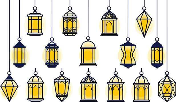 Traditional Islamic hanging lanterns vector illustration set featuring various glowing Arabic fanous lamps with warm golden light for Ramadan Kareem and Eid Mubarak celebrations