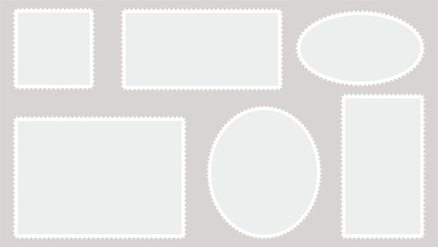 Collection of blank postage stamp templates with perforated edges in rectangle square and oval shapes
