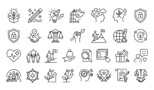 27 Core Values and Business Ethics Outline Icon Set Vector EPS 10