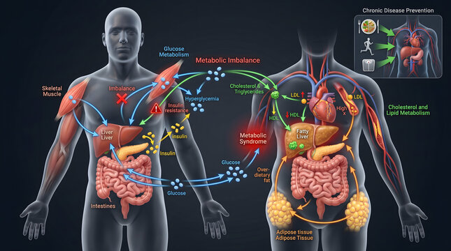 Medical infographic illustrating metabolic imbalance, human anatomy, lipid metabolism, liver, muscle, and gut functions in chronic disease prevention