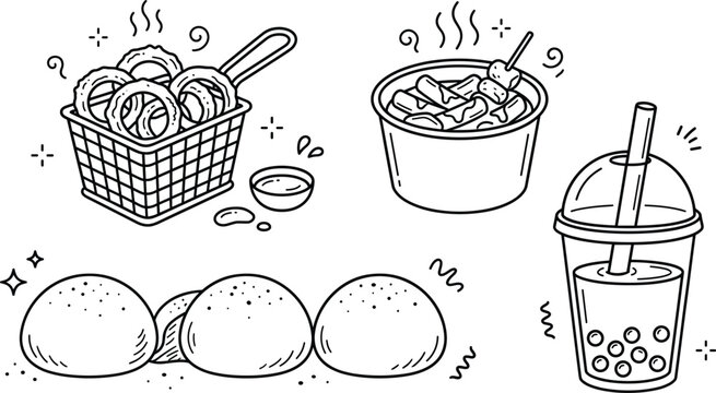 Asian street food line art vector set with tteokbokki onion rings mochi bubble boba tea snack menu illustration