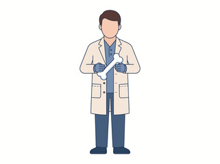 Fototapeta premium Medical specialist holding a human bone for clinical examination and orthopedic research purposes to identify skeletal issues while wearing professional garments and protective gloves for