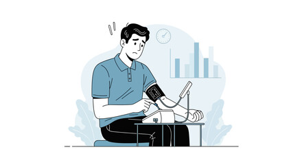 Fototapeta premium Man Checking Blood Pressure with Digital Monitor, Illustrating Health Concerns and Medical Data