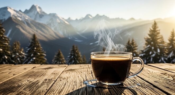 Steaming cup of coffee on wooden table with majestic snow capped mountain landscape at sunrise