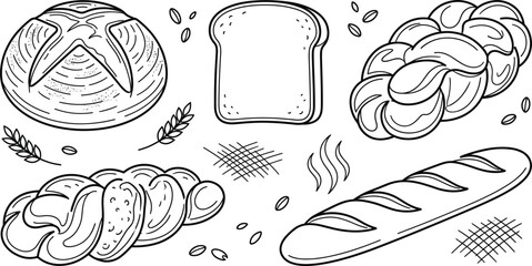 Bakery bread vector icon set featuring sourdough loaf sliced toast braided challah baguette and wheat stalk design elements © MDSAIFUL