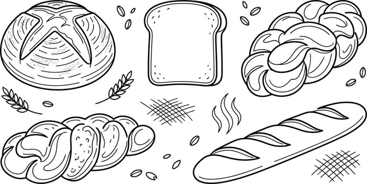 Bakery bread vector icon set featuring sourdough loaf sliced toast braided challah baguette and wheat stalk design elements