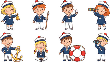 Cute sailor children cartoon mascot vector set featuring happy boys and girls wearing navy uniforms holding anchor lifebuoy spyglass binoculars and marine elements
