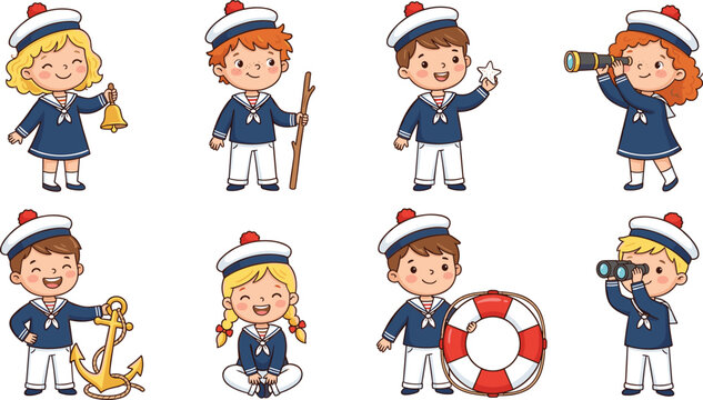 Cute sailor children cartoon mascot vector set featuring happy boys and girls wearing navy uniforms holding anchor lifebuoy spyglass binoculars and marine elements