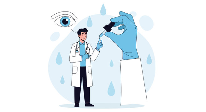 Ophthalmologist applying eye drops to treat dry eyes, vision care concept, modern flat illustration
