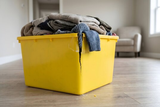 Vivid yellow plastic storage box with a clear vertical crack from overfilling