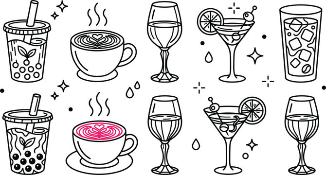 Beverage drink line art vector set with bubble boba tea coffee latte cocktail wine glass iced refreshment elements,