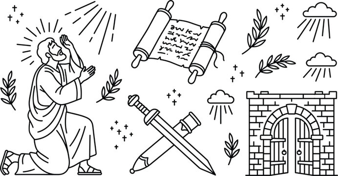 Biblical vector illustration set line art drawing with praying man scroll sword ancient city gate and olive leaves