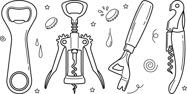 Bottle opener vector icon set featuring winged corkscrew sommelier knife can opener bar accessories and kitchen tool elements