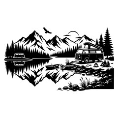 Fototapeta premium Camper Van Camping by Mountain Lake at Sunset with Reflection