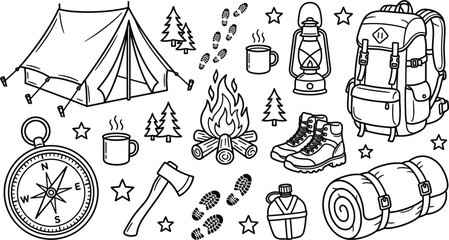 Camping and hiking adventure doodle line icon set featuring tent backpack campfire compass boots sleeping bag vector elements. © MDSAIFUL