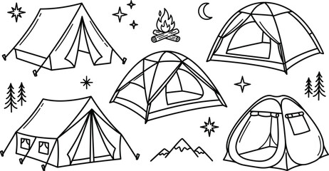 Camping tent vector illustration set line art drawing with dome ridge tents campfire mountains pine trees moon stars © MDSAIFUL