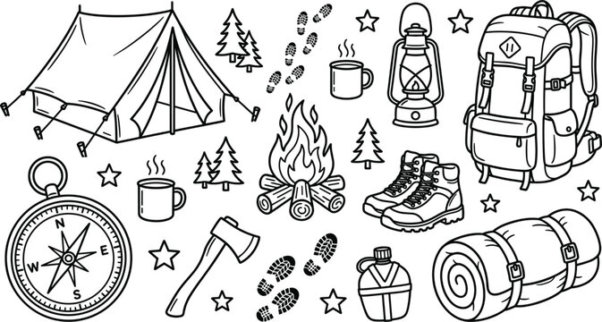 Camping and hiking adventure doodle line icon set featuring tent backpack campfire compass boots sleeping bag vector elements.