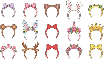 Cute hair headbands vector illustration set featuring colorful cartoon hair bands with bows animal ears flowers princess crown unicorn horn and festive designs © Mifta