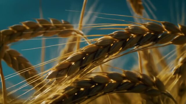 Golden wheat ears close up, swaying gently in the breeze under a clear blue sky, signifying harvest and abundance