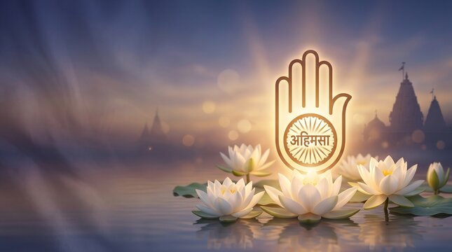 Paryushan Parva, sacred Jain symbol illuminated by golden spiritual light with blooming white lotus flowers