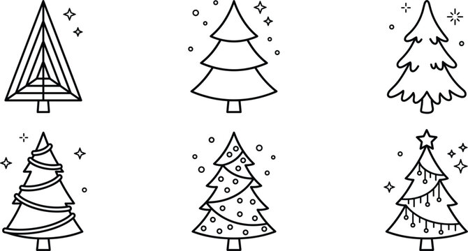 Christmas tree vector illustration set line art drawing with pine fir spruce trees decorations stars and snow elements