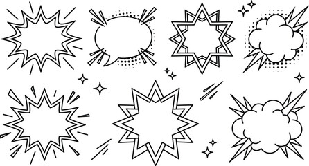 Comic speech bubbles and explosion bursts vector illustration set line art drawing with pop art halftone cloud textboxes © MDSAIFUL