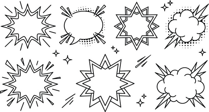 Comic speech bubbles and explosion bursts vector illustration set line art drawing with pop art halftone cloud textboxes