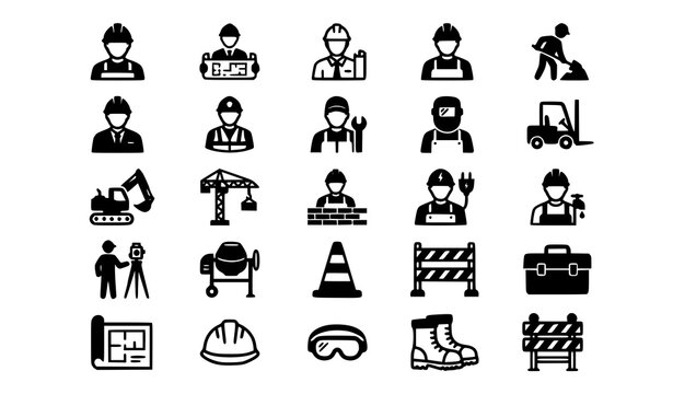 Modern Black Construction Worker Icon Set with Builder Engineer and Safety Symbols
