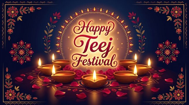 
Happy Teej Festival greeting with illuminated oil lamps and red petals