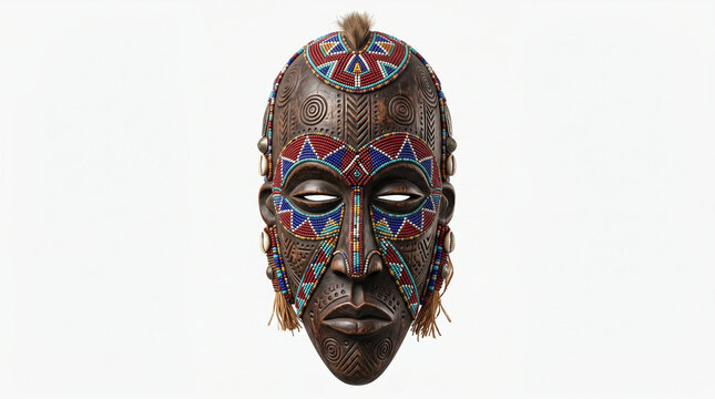 Intricately carved African tribal mask with colorful beadwork details on white background.