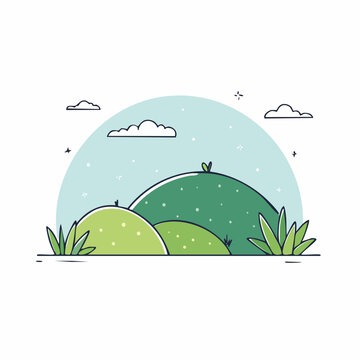 Stylized illustration of rolling green hills under a blue sky with clouds