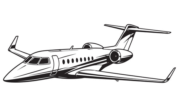 Business jet silhouette, executive aircraft transport, vector isolated on white