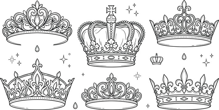 Crown line art vector set with royal imperial king queen tiara diadem luxury majestic ornate jewelry decorative elements,